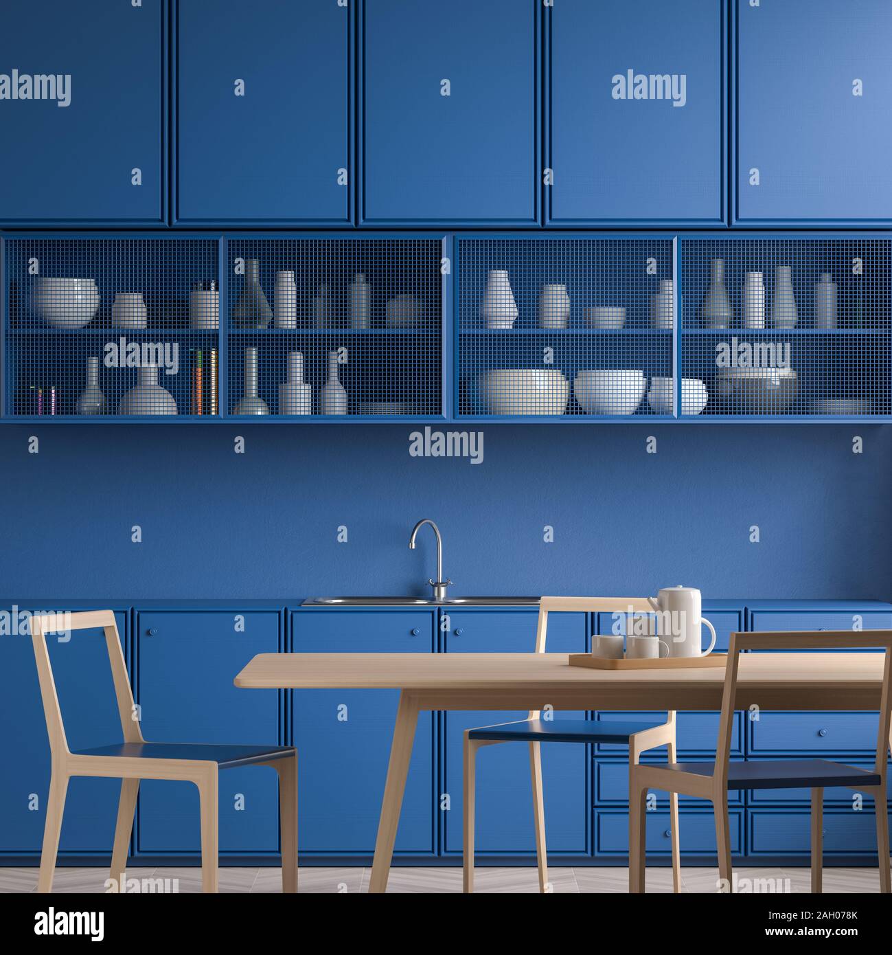 Moderne, geräumige Küche Design. Minimalistische Küche Design mit blauer Schränke. 3D-Darstellung Stockfoto