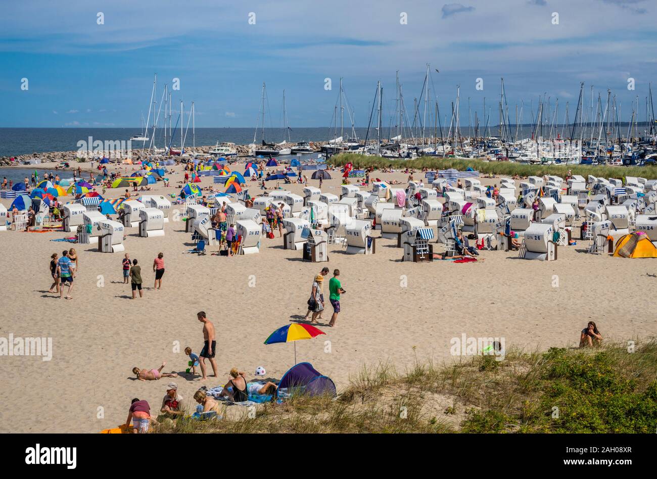 Hooded liegen (Strandkörbe) am Strand des Ostseebades Kühlungsborn, Mecklenburg-Vorpommern, Deutschland Stockfoto