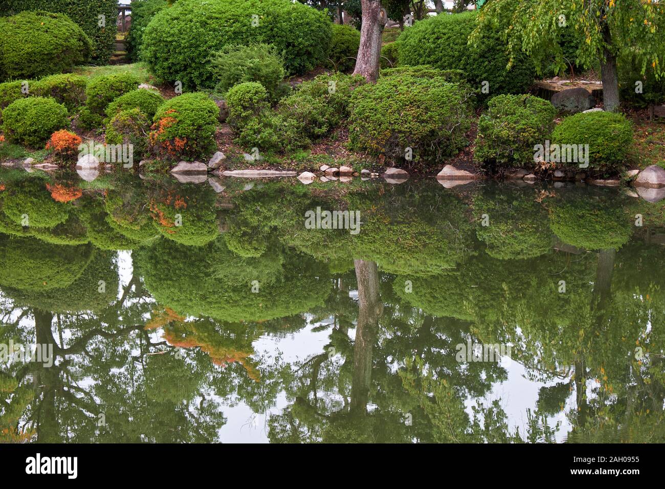 Der Blick auf die traditionellen Japanischen Garten mit einem kleinen Teich in der inneren Bailey Burg von Osaka. Japan Stockfoto