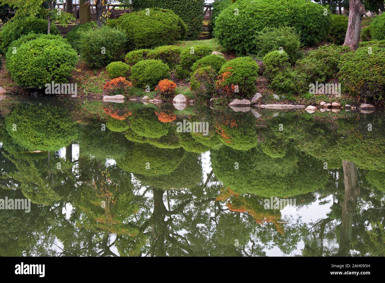 Der Blick auf die traditionellen Japanischen Garten mit einem kleinen Teich in der inneren Bailey Burg von Osaka. Japan Stockfoto