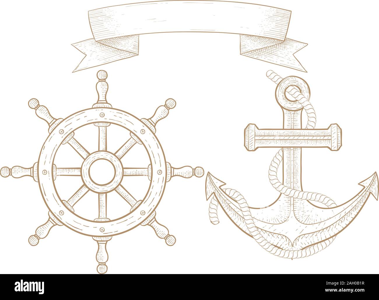 Anker und Boot Lenkrad. Hand gezeichnete Skizze. Vector Illustration auf weißem Hintergrund. Stock Vektor