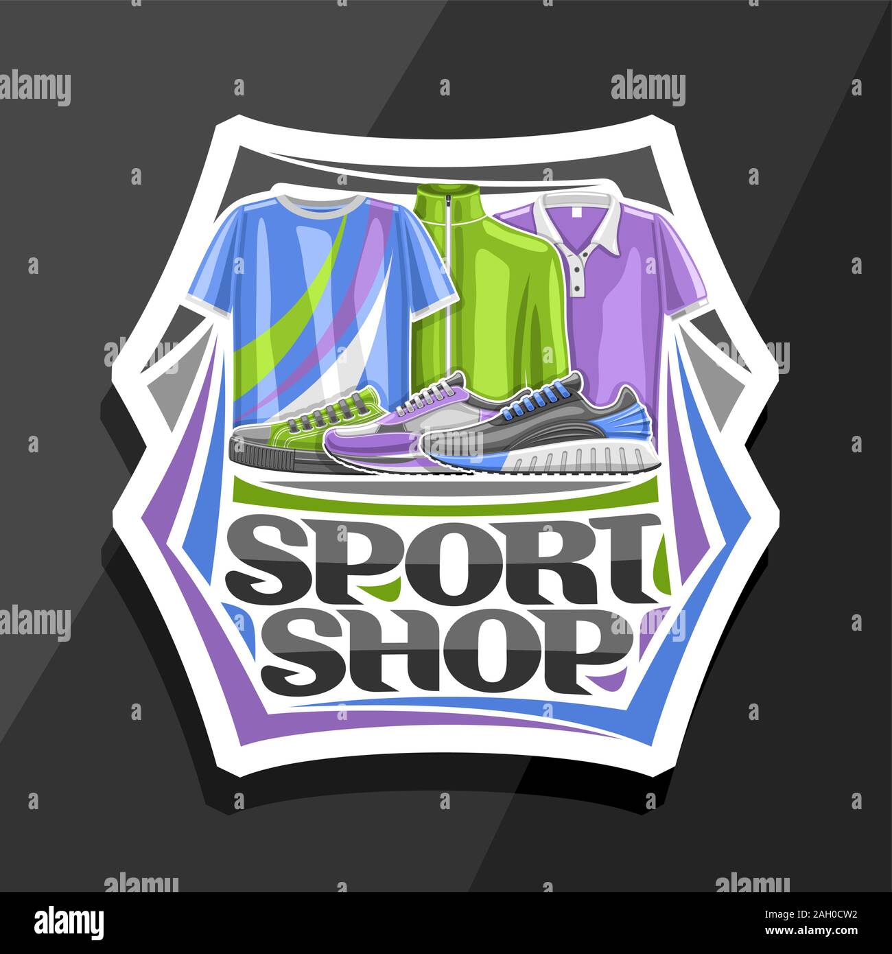 Vektor logo für Sport Shop, weiß dekorative Schild mit der Abbildung des modernen Sport Schuhe und Kleidung für Aktivität Lifestyle, Abzeichen mit Ursprung Stock Vektor