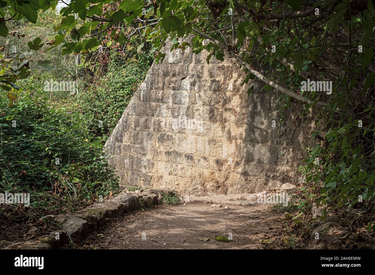 Abschnitt der alten Steinmauer des historischen Wasserkraftwerks auf dem Hermon stream Trail in Israel umgeben von dichten semitropical Vegetarisches Stockfoto