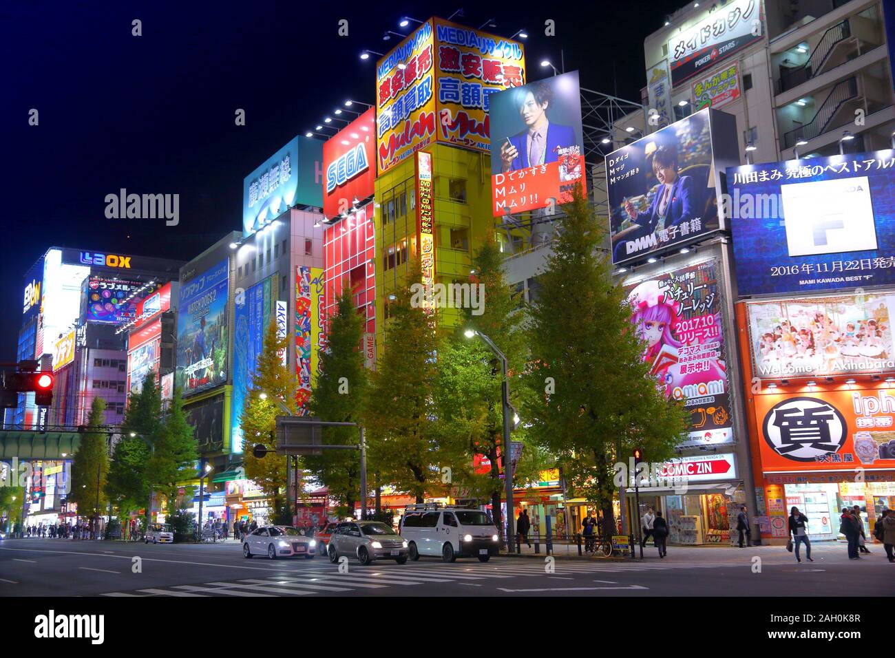 Tokio, Japan - Dezember 1, 2016: Bunte neons von Akihabara in Tokio, Japan. Akihabara ist auch als elektrische Stadt Bezirk bekannt, hat Es Reput Stockfoto