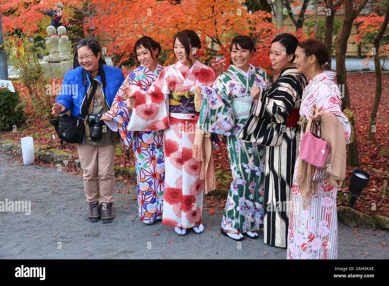 KYOTO, JAPAN - November 24, 2016: Frauen im Kimono nehmen Sie Fotos mit Blätter im Herbst von Ahorn (momiji) in Kyoto, Japan. Blätter im Herbst Bewunderung (koyo) ist Stockfoto