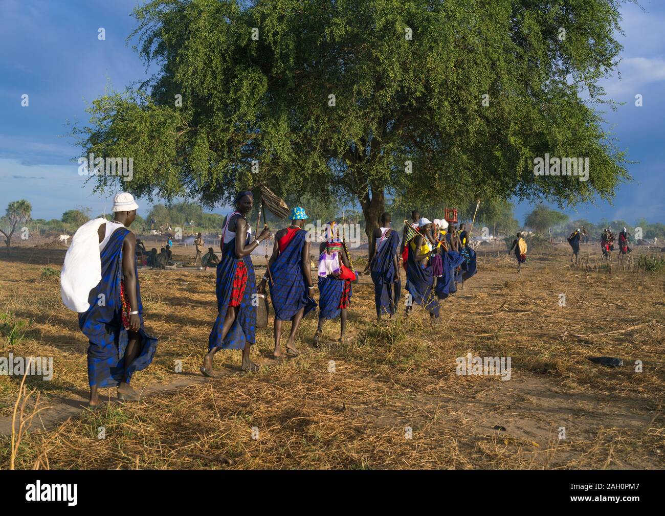 Mundari Stamm Frauen marschieren in der Linie beim feiern eine Hochzeit, Central Equatoria, Terekeka, South Sudan Stockfoto