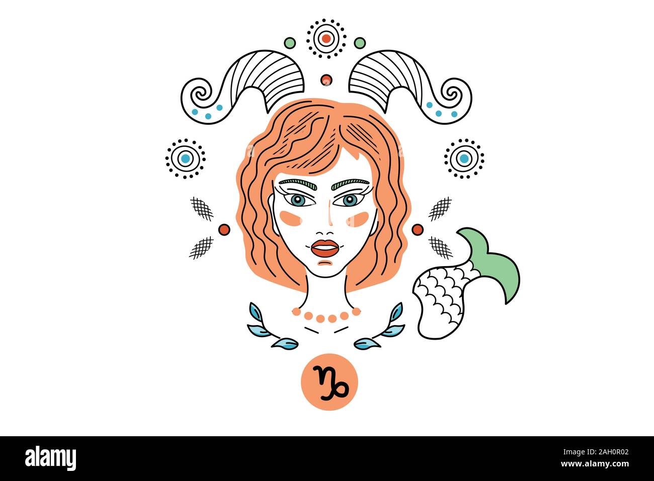 Vector Illustration von Tierkreiszeichen Sternbilder Steinbock, Logo, Tattoo. Mädchen oder eine Frau mit Hörnern und einem Fish Tail, Fantasy ornament Stockfoto