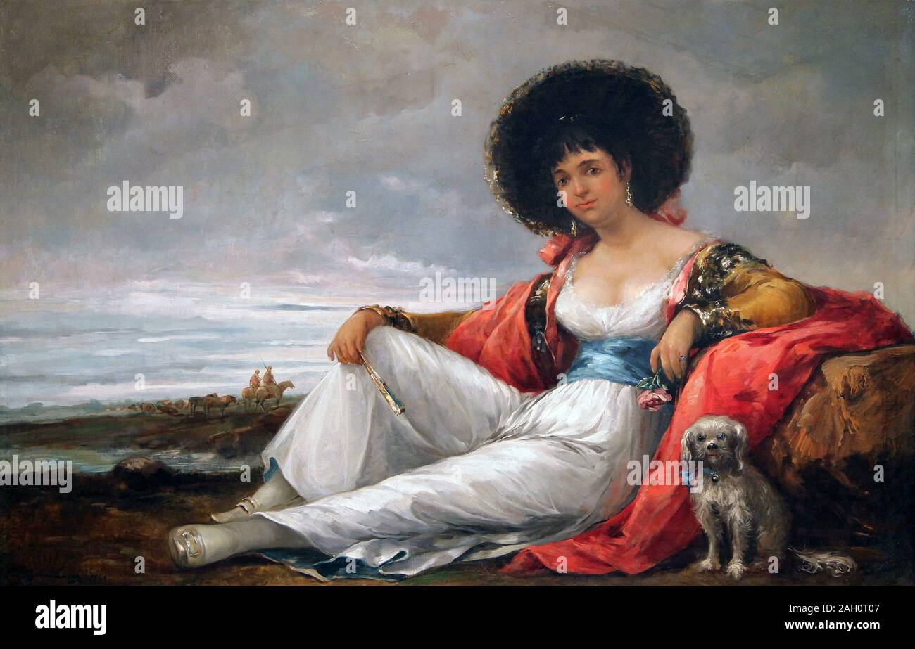 Maja mit kleinem Hund 1865 von Eugenio Lucas Velázquez (1817–1870) spanischer Maler im romantischen Stil. Stockfoto