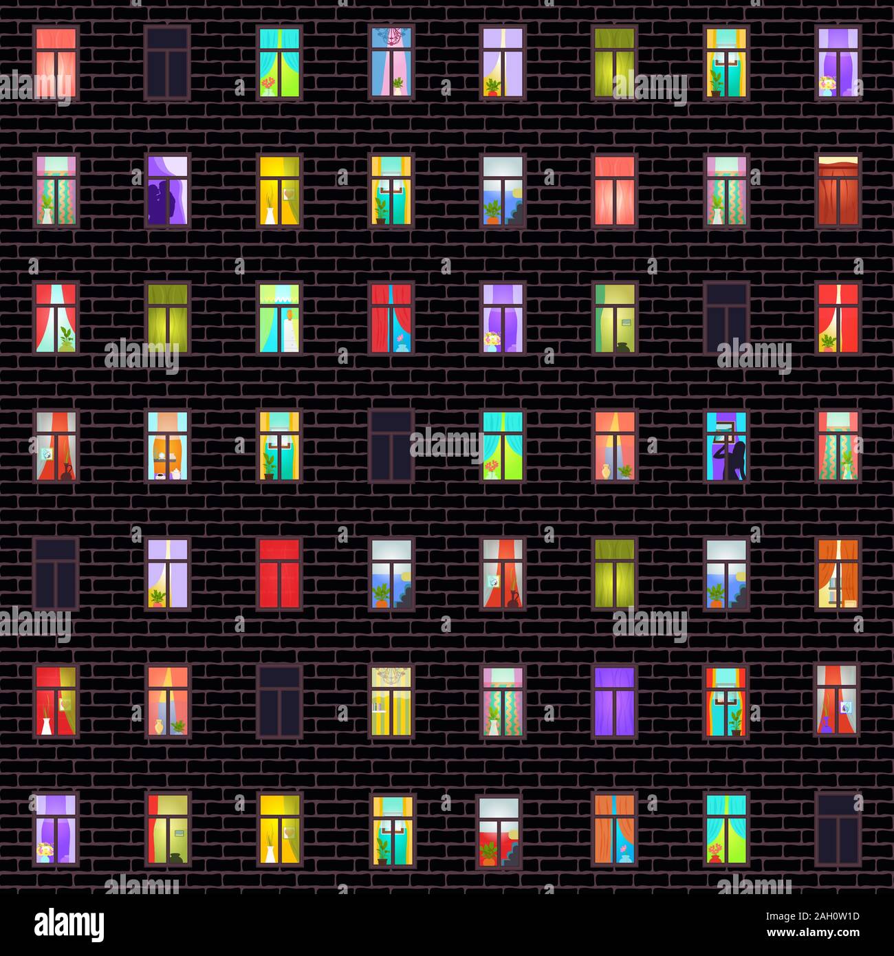 Beleuchtete Fenster in der Fassade eines großen Wohnhauses, nahtlose Muster, Nacht panorama Parkhaus City House. Mehrfarbige Licht Fenster mit Stock Vektor