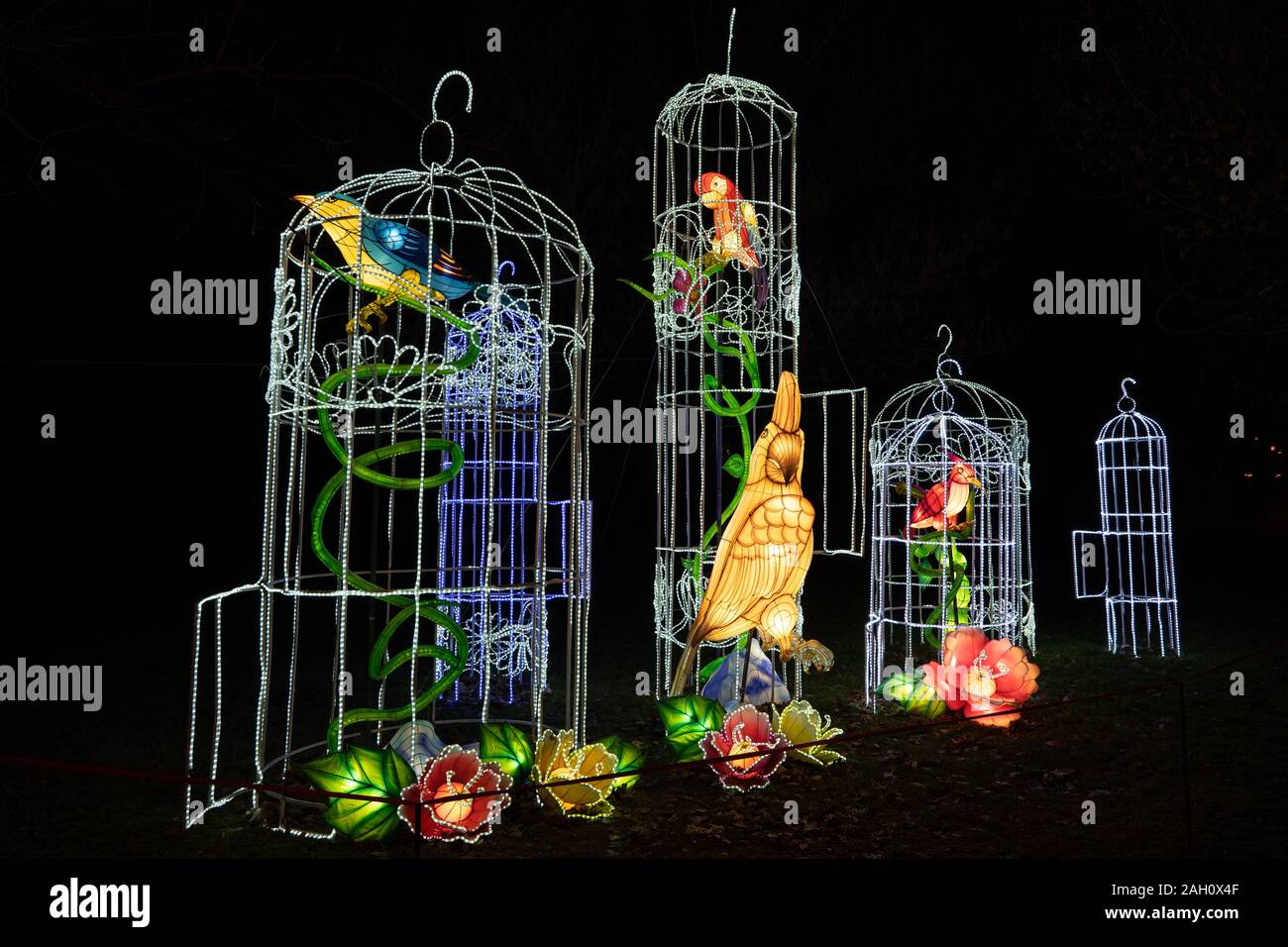 Warschau, Polen - Dezember 16, 2019: Vögel im Käfig und ein Papagei außerhalb an chinesischen Licht Festival Stockfoto