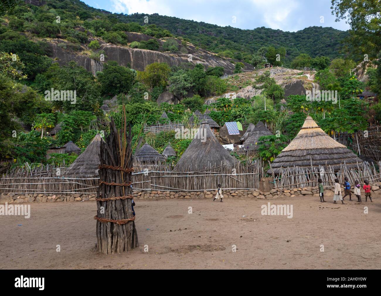 Generation pole errichtet während der Initiationsriten in Lotuko Stamm, Central Equatoria, Illeu, South Sudan Stockfoto