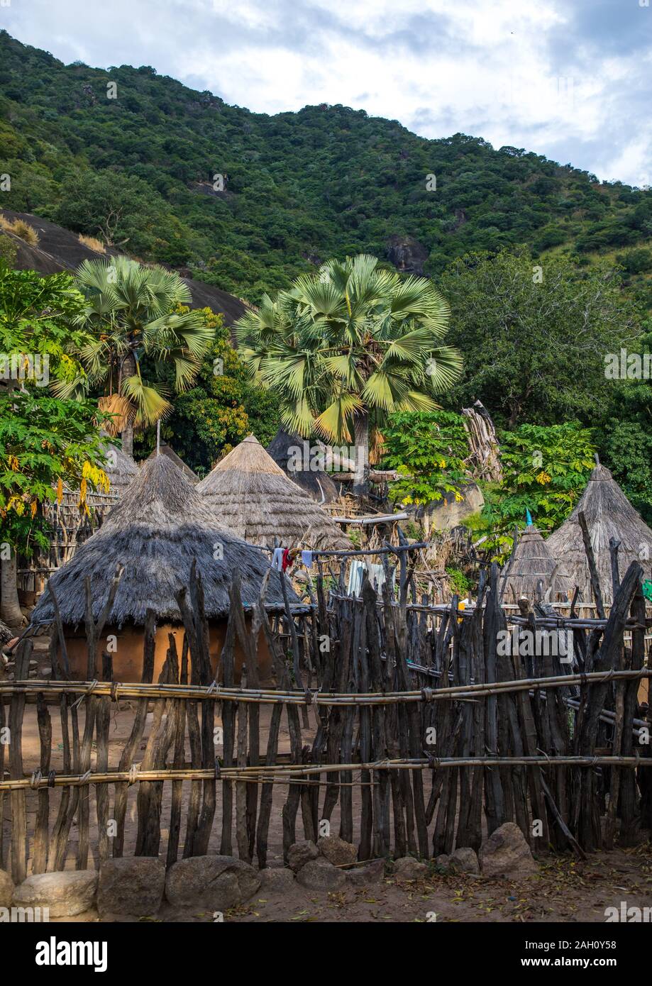 Lotuko Stamm Dorf mit reetgedeckten Häusern, Central Equatoria, Illeu, South Sudan Stockfoto