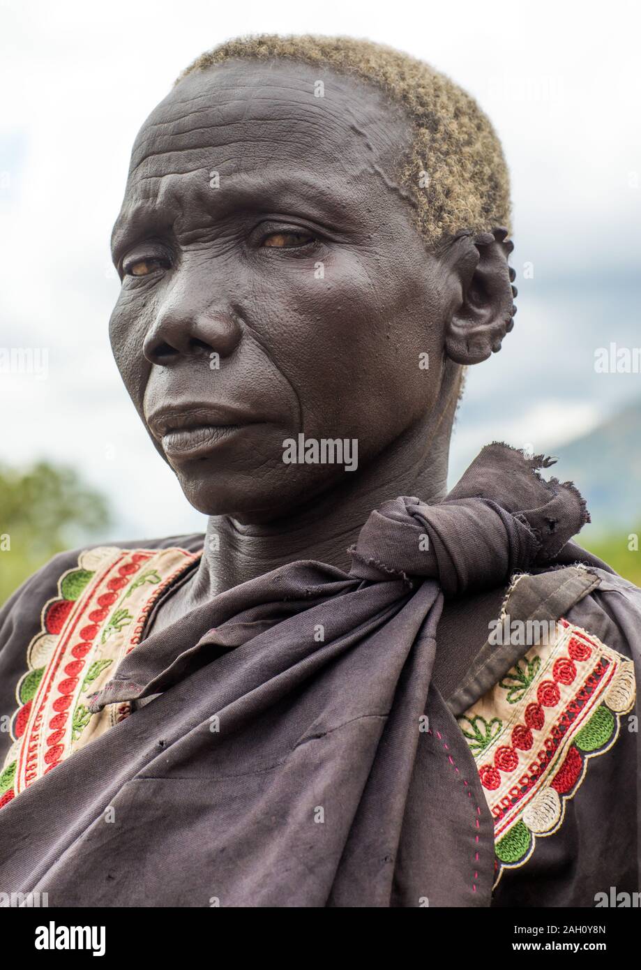 Lotuko Stamm alte Frau mit den Ohren in der gleichen Weise schneiden Sie ihre Kühe als Dekoration, Central Equatoria, Illeu, South Sudan tun Stockfoto