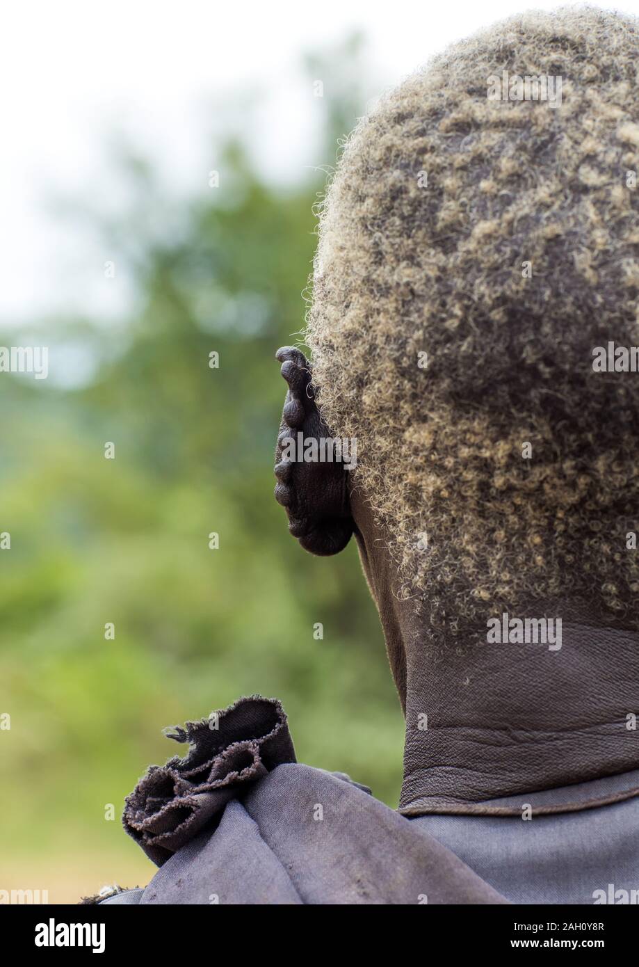 Lotuko Stamm alte Frau mit den Ohren in der gleichen Weise schneiden Sie ihre Kühe als Dekoration, Central Equatoria, Illeu, South Sudan tun Stockfoto