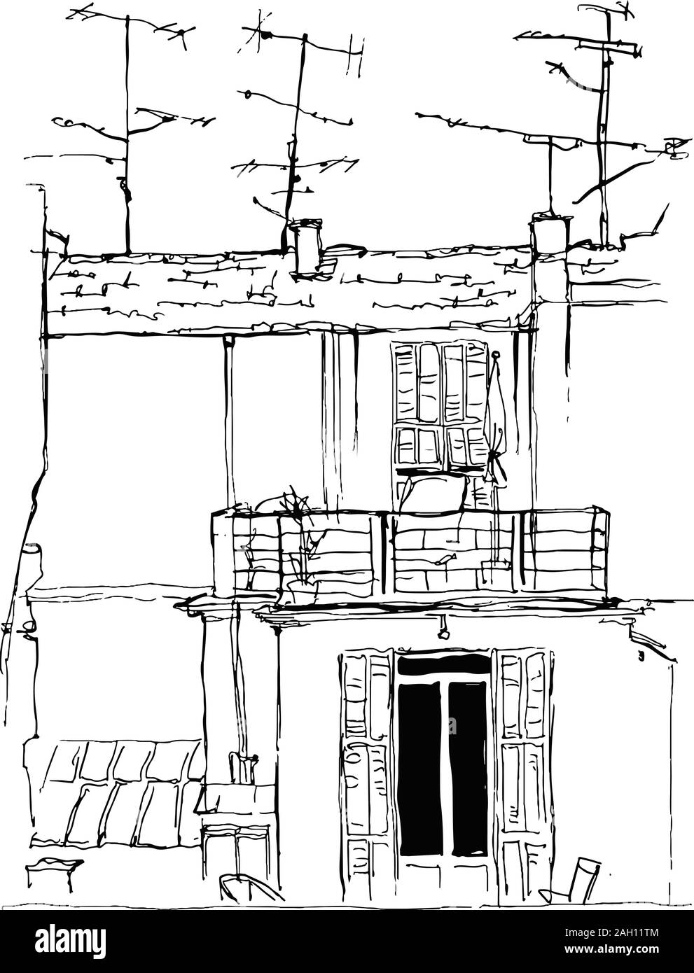 Skizze eines Europäischen authentisches Haus mit Antennen. Postkarte für Drucken Stock Vektor