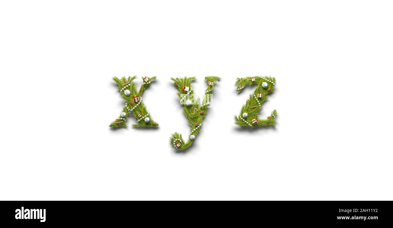 Dekorative xyz-Kleinbuchstaben, Neujahr-Schriftartmockup isoliert Stockfoto