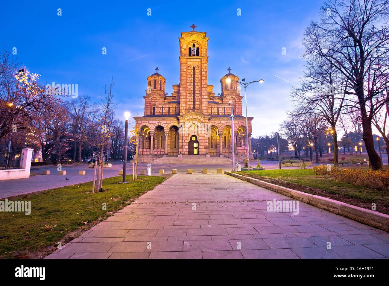 Kirche des heiligen Markus in Belgrad dawn Aussicht, Wahrzeichen in der Hauptstadt von Kroatien Stockfoto