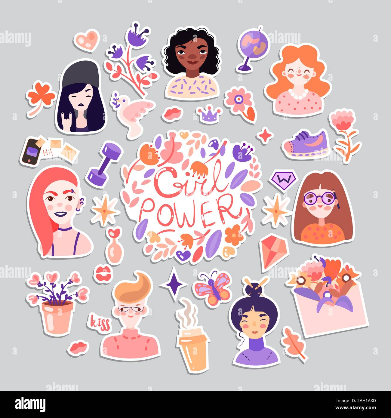 Feministische und Cute Girl Power Abbildung. Mädchen Porträts, Blumen, Aufkleber, Süßigkeiten mit Blumenschmuck. Cute cartoon feministische Girl Power Stock Vektor