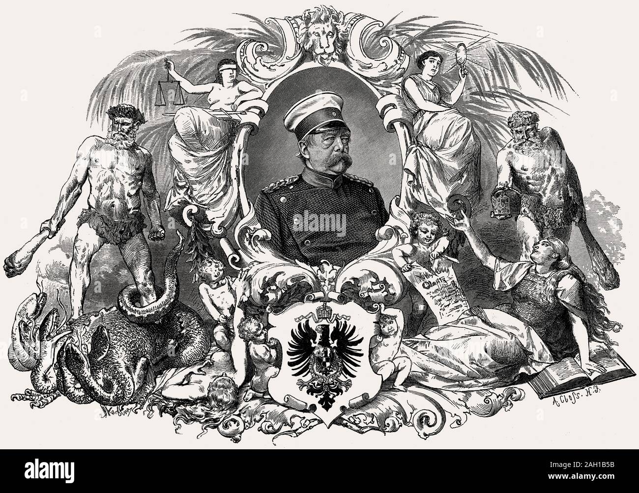 Allegorie mit Fürst von Bismarck, der erste Kanzler des Deutschen Reiches, die Gründung des Deutschen Reiches Stockfoto
