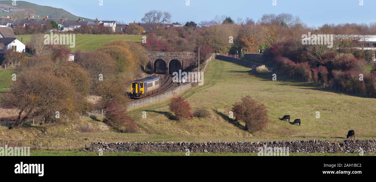 Arriva Northern Rail Class 156 Super sprinter Zug 156444 vorbei Lindle In Furness auf der Cumbrian Coast Railway Line Stockfoto