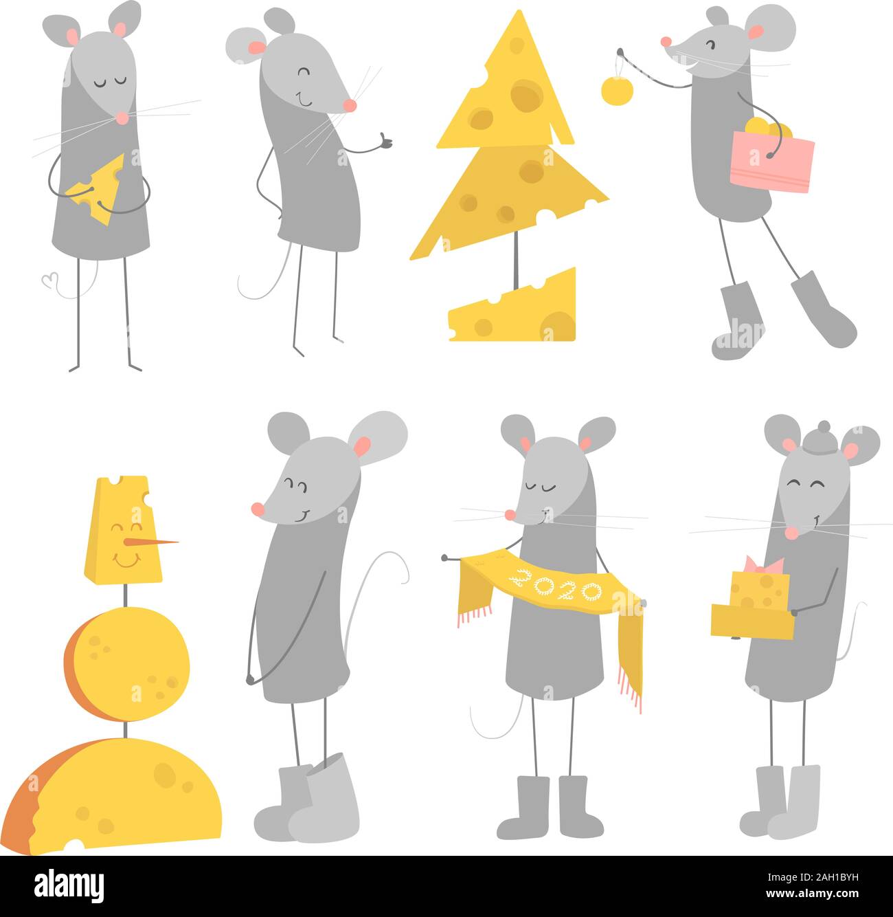 Der Vektor Zeichen isoliert auf Weiss. Symbol des chinesischen neuen Jahres 2020. Lustige glücklich lächelnde Mäuse mit Geschenke, Weihnachtsbaum, Schneemann aus Stock Vektor