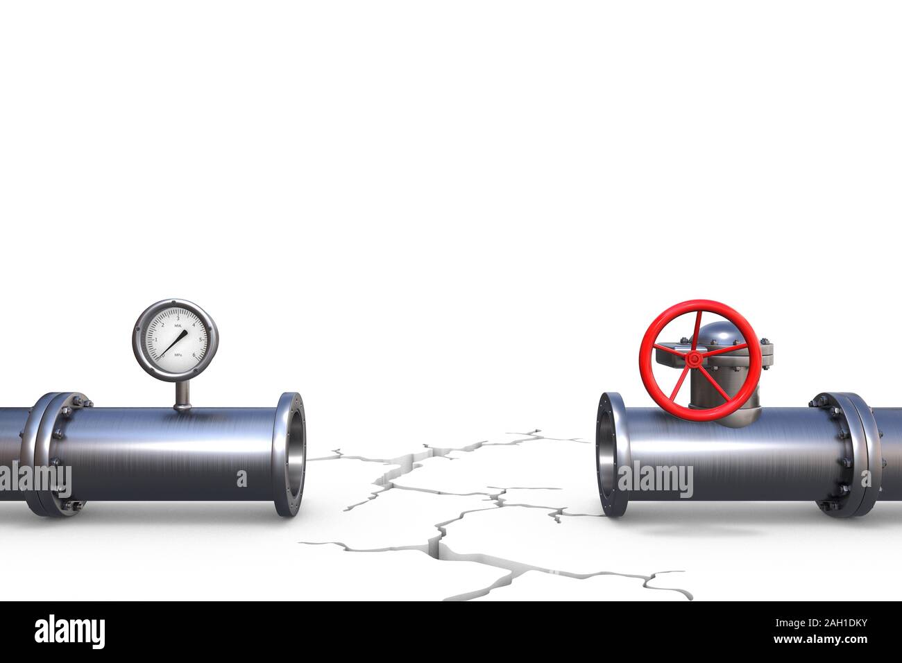 3D-Illustration: Zwei unverbundene Pipeline Fragmente mit einem tiefen Riss zwischen ihnen. Stahl Gasleitung mit rot Ventil und Manometer. Stockfoto