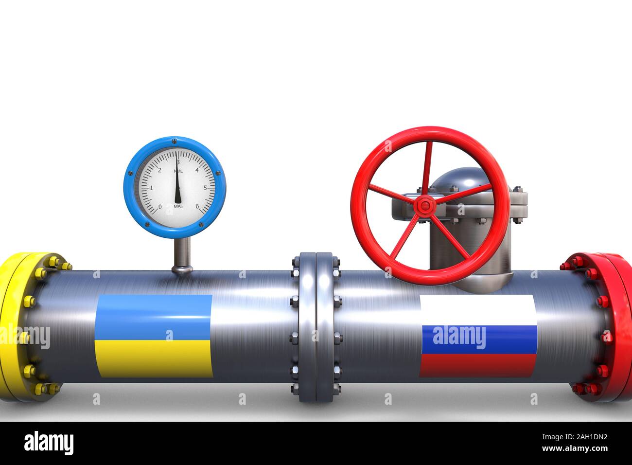 3D-Illustration: Stahl Gasleitung mit Flaggen der Ukraine und Russland mit einem roten und einem blauen Manometer auf weißem Hintergrund. Pipeline nach Europa. Stockfoto