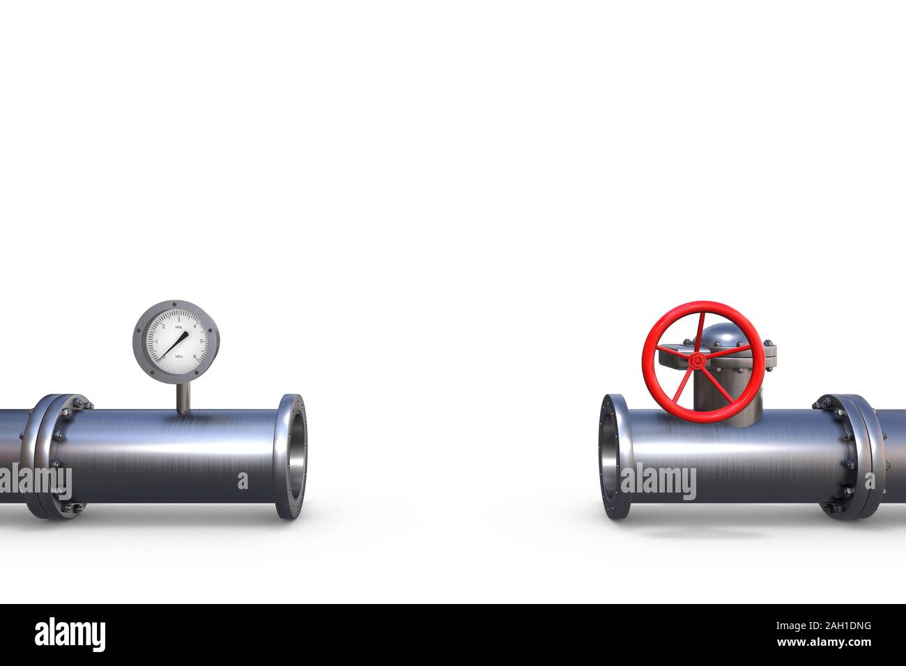 3D-Illustration: Öffnen stahl Gasleitung mit rot Ventil und Manometer nicht in einem Stück verbunden. Unvollendete Pipeline. Politische Geschäfte Konzept Stockfoto