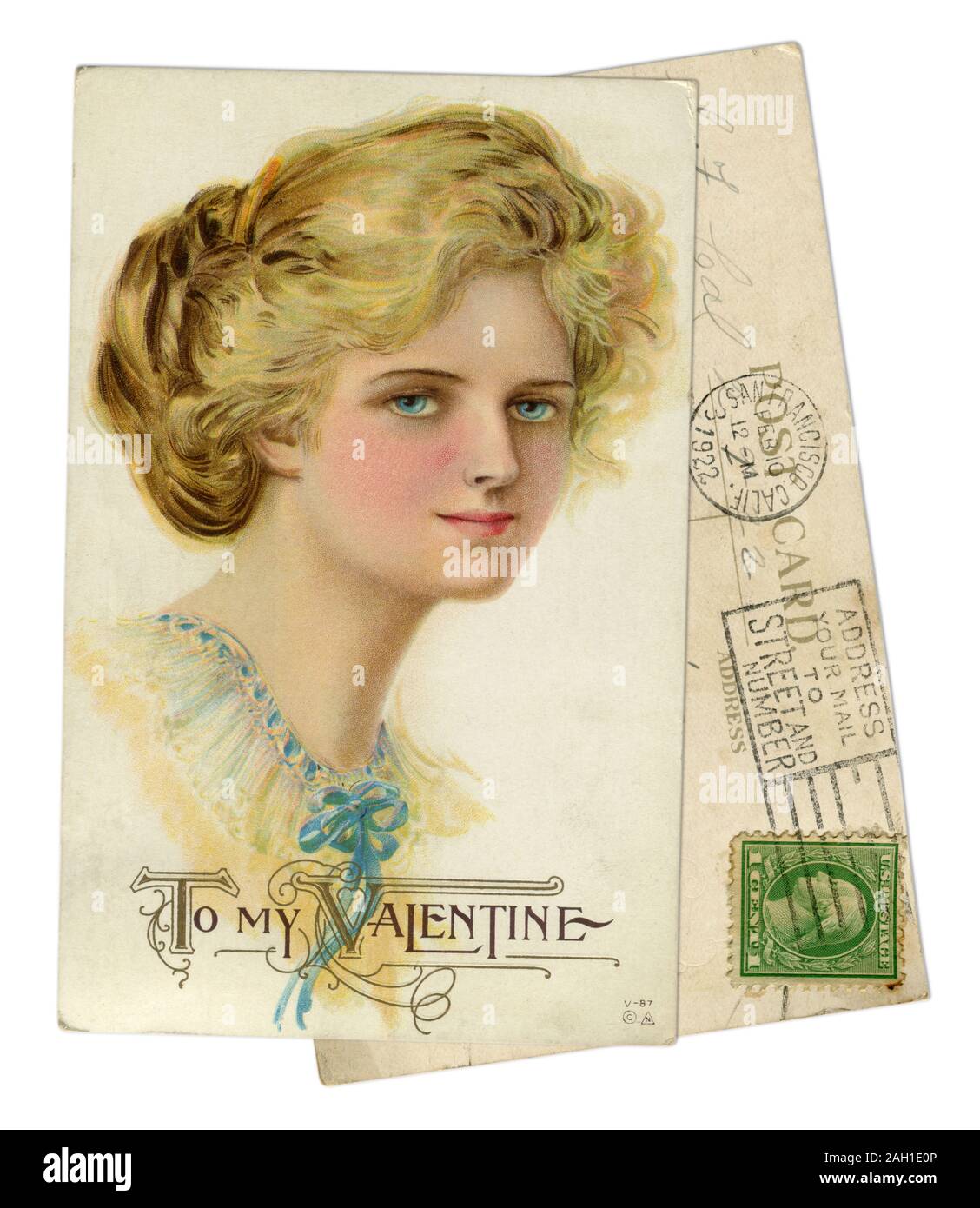 San Francisco, Kalifornien, USA - 1922: Historische Postkarte: Zu meiner Valentine. Porträt einer schönen blonden Mädchen mit blauen Augen gemalt. Stockfoto