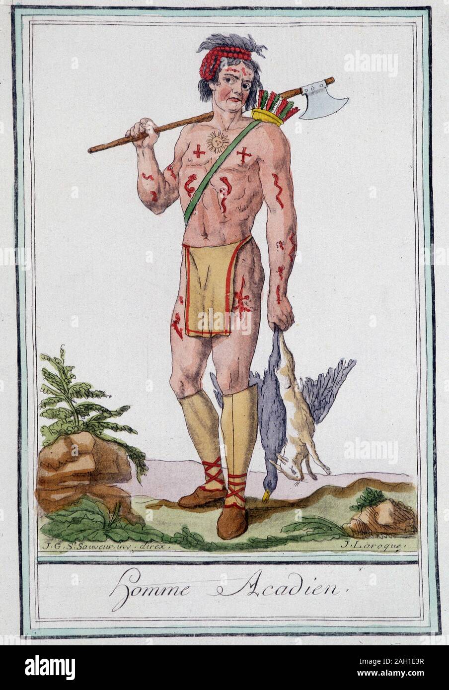 Homme acadien - in 'Encyclopedie de Voyages' par Grasset St Sauveur, Hrsg. 1796. Stockfoto