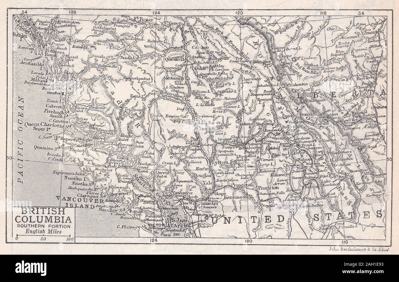 Vintage Karte von British Columbia - südlicher Teil Stockfoto