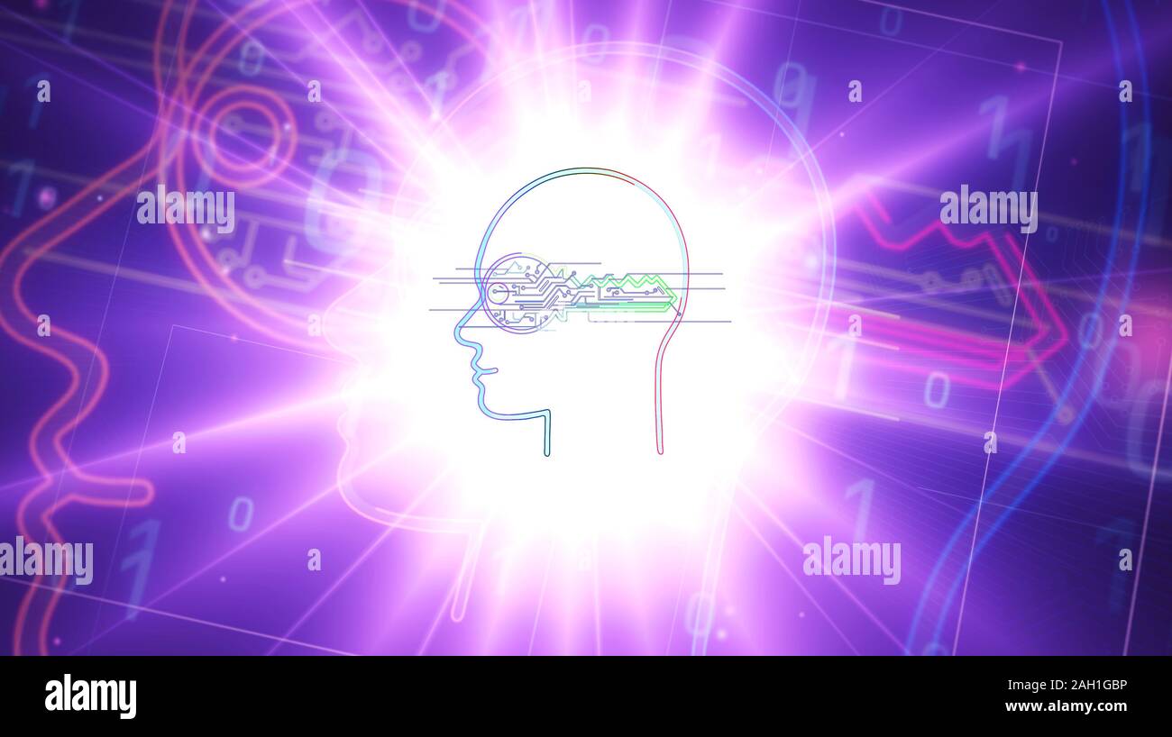 Futuristische cyber Datenschutz Schlüssel in Kopf futuristische 3D Rendering Illustration. Abstrakte Digitale intro Hintergrund. Konzept der Verschlüsselung, Kodierung, ai, Ziffer Stockfoto