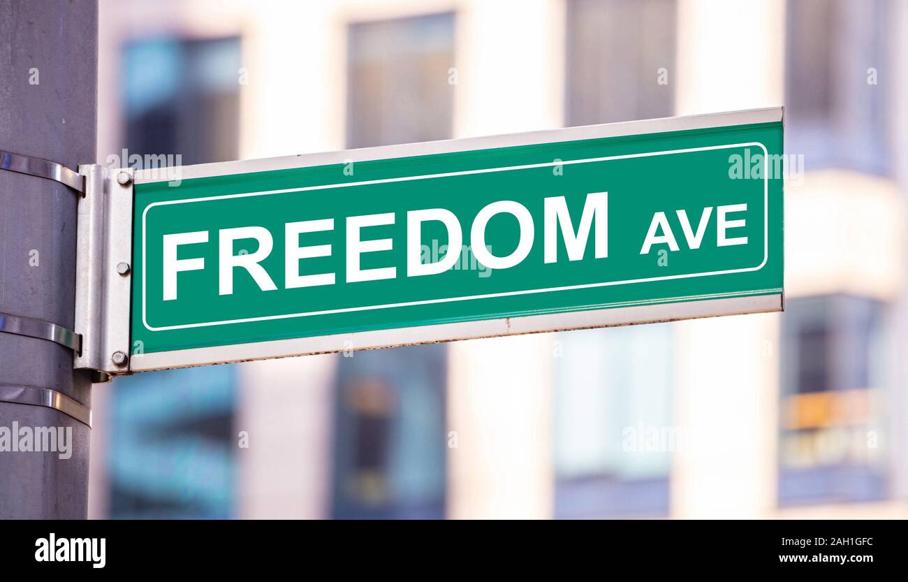 Freiheit anenue, straßenschild Innenstadt Innenstadt, grüne Farbe. Blur Gebäude Hintergrund Stockfoto