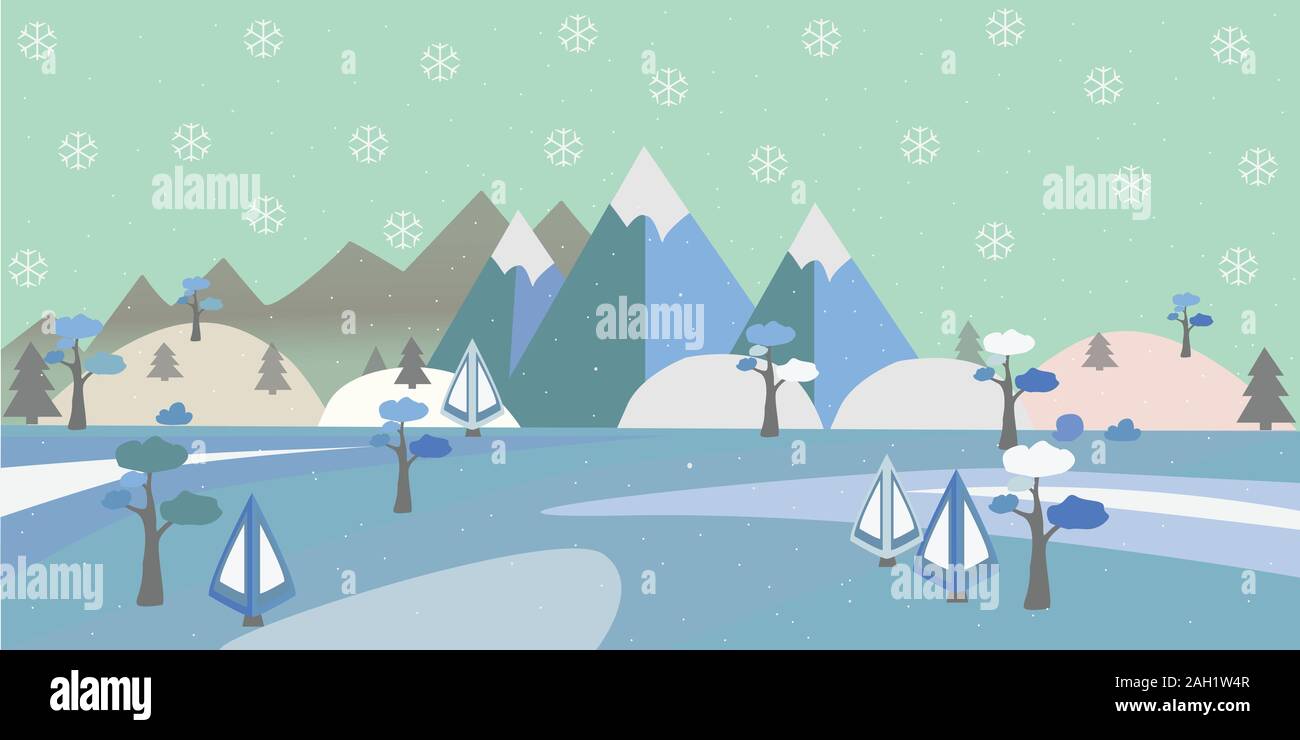 Winter verschneite Landschaft mit Hügeln, Bäumen und Bergen. Suburban Gebäude im Winter Landschaft. Flache Vector Illustration. Moderne Ländliche Gegend Stock Vektor