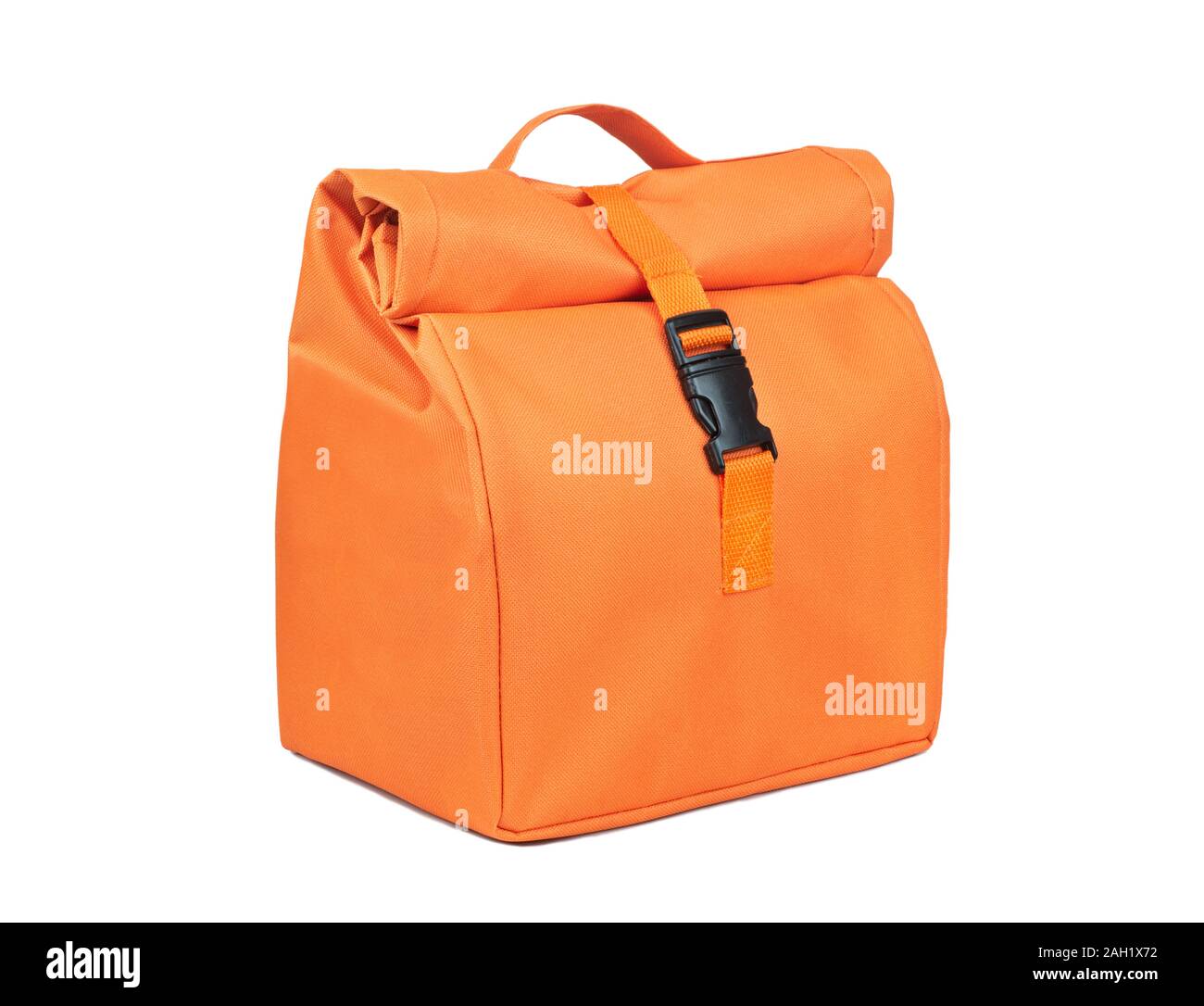 Orange Stoff Lunch Bag auf weißem Hintergrund Stockfoto