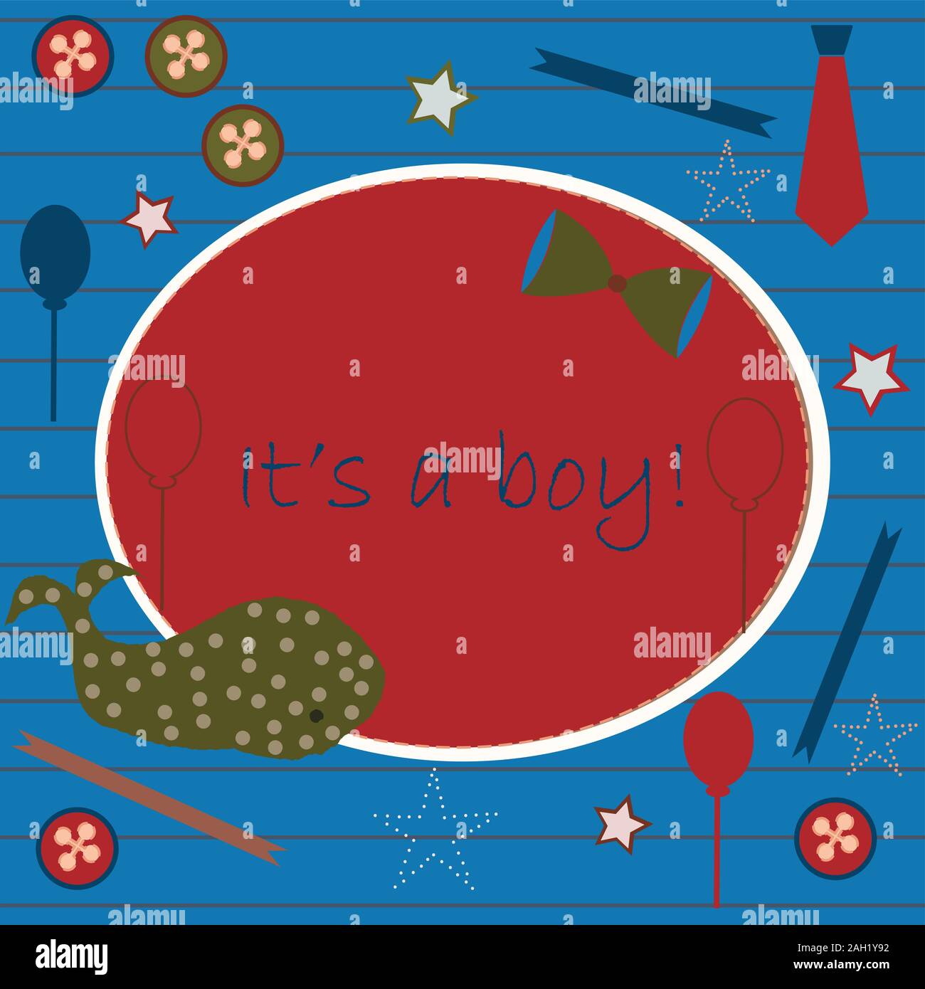 Baby Geburt Ansage. Baby-dusche-Einladung Karte. Cute Wal kündigt die Ankunft des Jungen. Card Design auf Teal Hintergrund mit Bändern, Riegel, b Stock Vektor