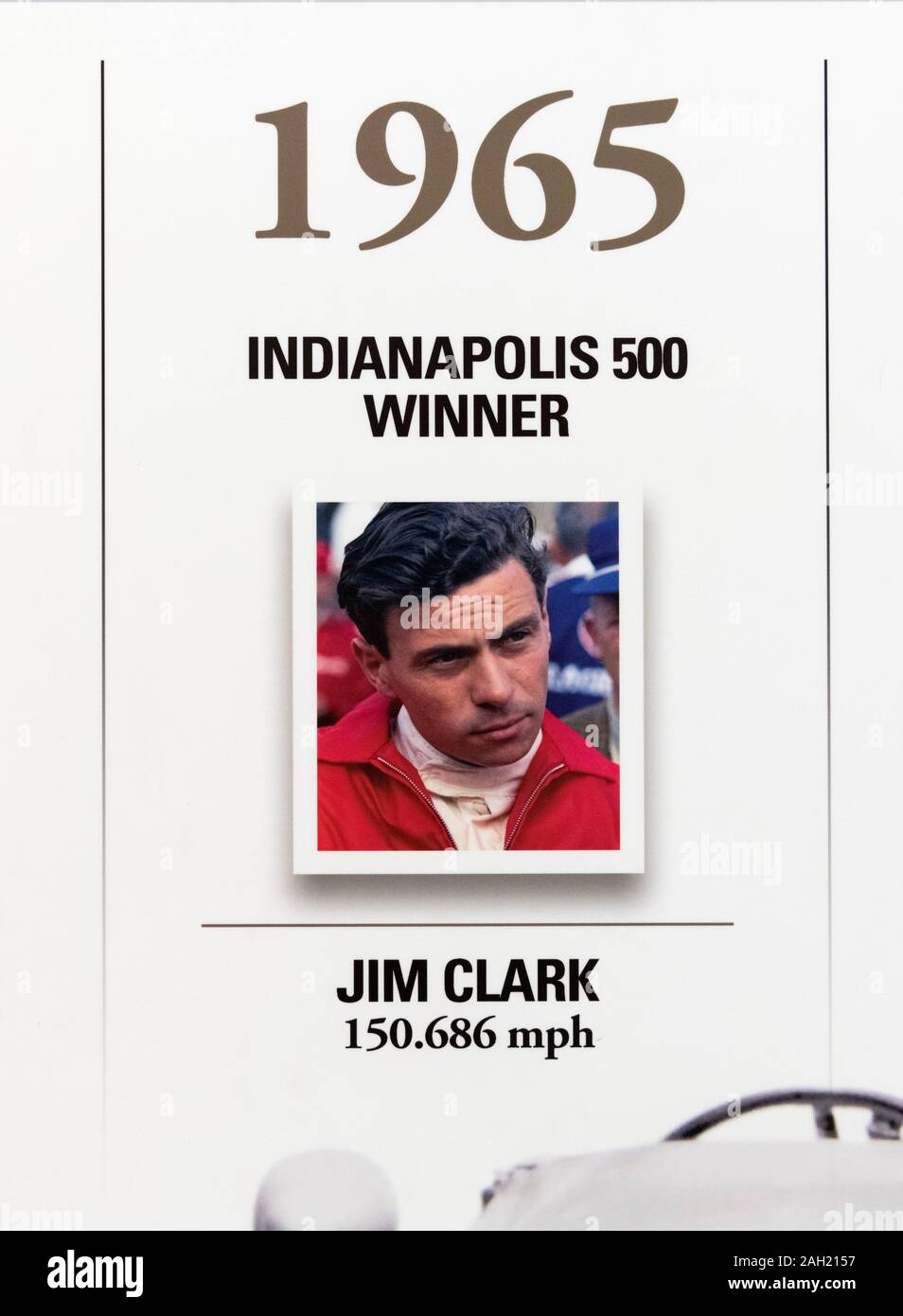 Jim Clark, Gewinner des 1965 Indy 500, an der Wand der Gewinner auf dem Indianapolis Motor Speedway Museum, Indianapolis, Indiana, USA. Stockfoto