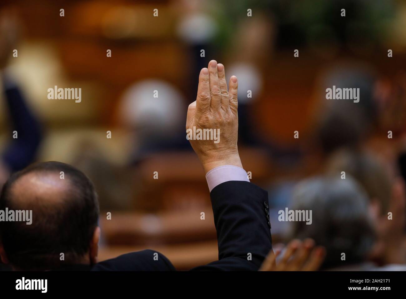 Mitglieder des rumänischen Parlaments abstimmen, indem Sie Ihre Hände Stockfoto