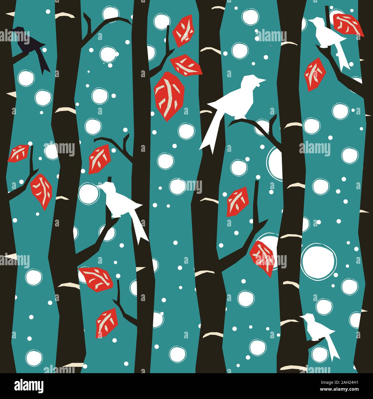 Nahtlose Baum Muster mit großen Vögel und Blätter. Vector Illustration. Stock Vektor