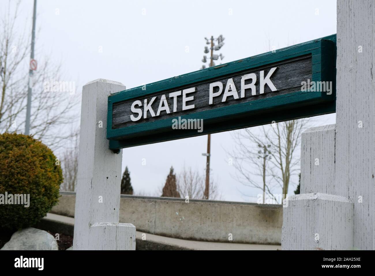 Skate Park Schild an einer öffentlichen Eislauf in Renton, Washington, USA. Stockfoto