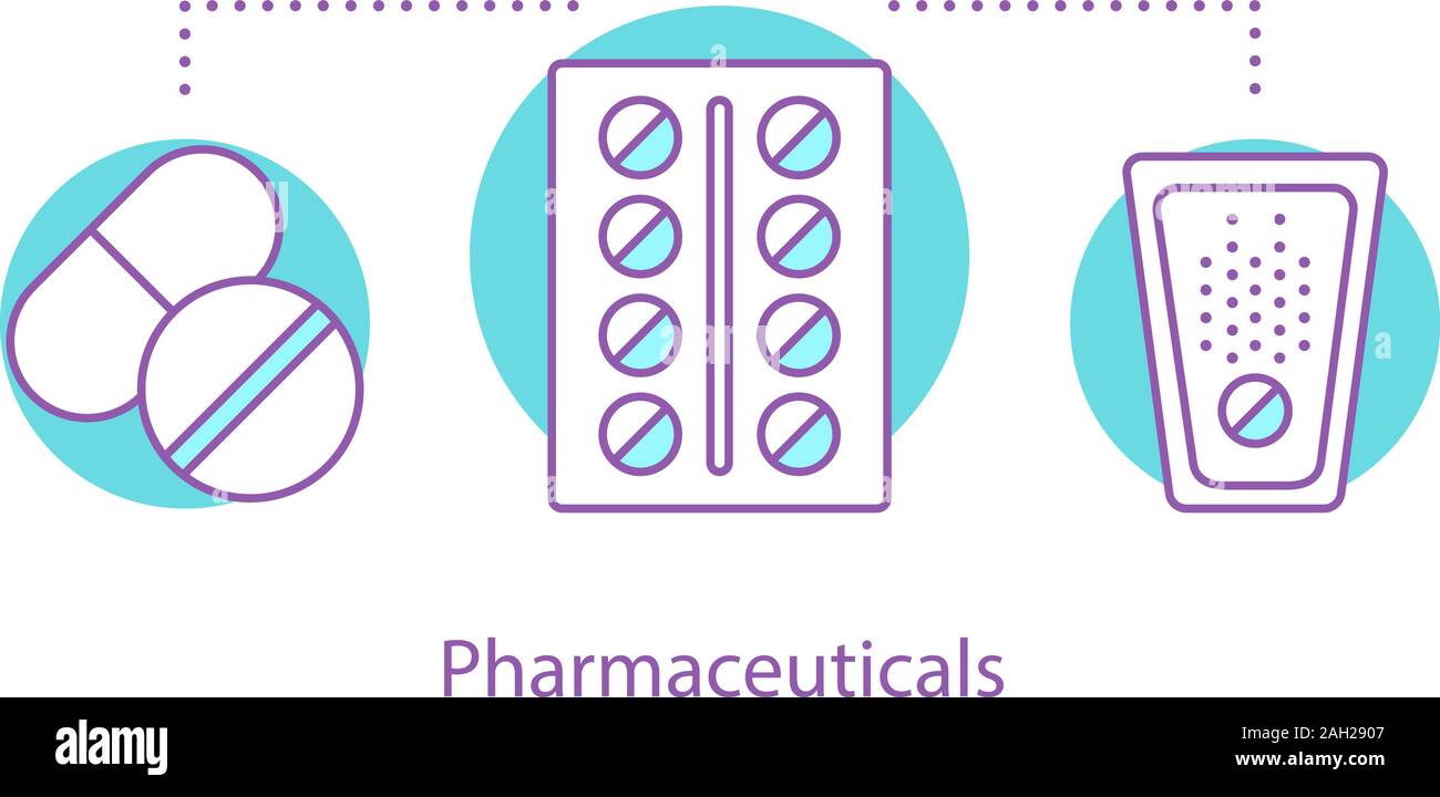 Pharma Konzept Symbol. Medikamente Idee dünne Linie Abbildung. Behandlung. Brausetabletten, Pillen, Kapseln. Vektor isoliert Umrisse drawi Stock Vektor