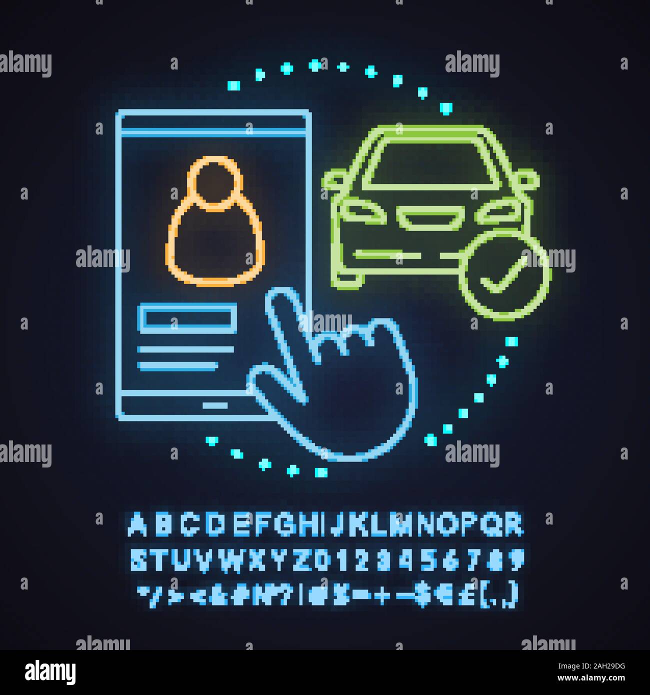 Mitfahrzentrale app Neon Licht Konzept Symbol. Taxi Bestellung Idee. Treiber auswählen. Leuchtende Zeichen mit Alphabet, Zahlen und Symbolen. Vektor isoliert illustr Stock Vektor