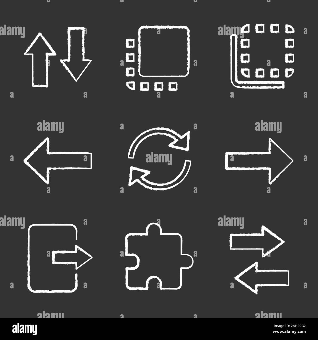 UI/UX chalk Symbole gesetzt. Vertikale und horizontale Swap, Flip, Rückseite und Vorderseite, Next, Previous Tasten, Aktualisieren, Beenden, Erweiterung. Isolierte Vektor chalkbo Stock Vektor