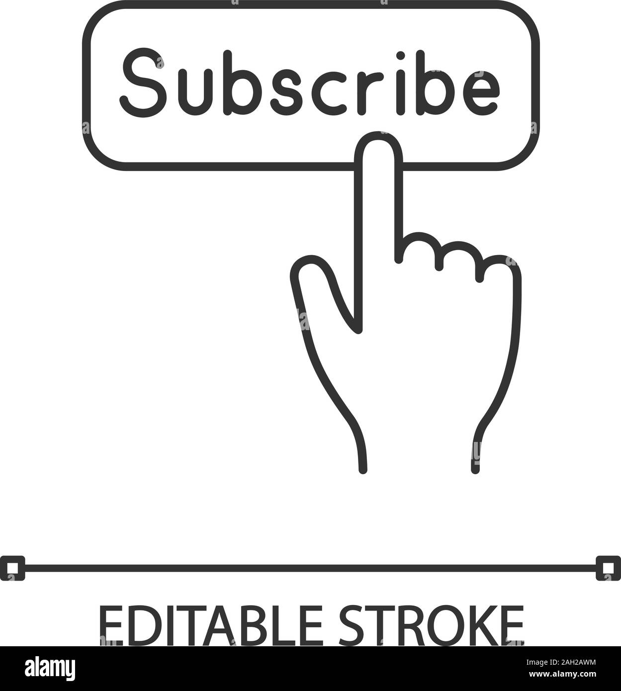 Taste zum Abonnieren klicken Sie auf lineare Symbol. Dünne Linie Abbildung. Abonnement. Social Media App. Hand drücken der Taste. Kontur Symbol. Vektor isoliert outl Stock Vektor
