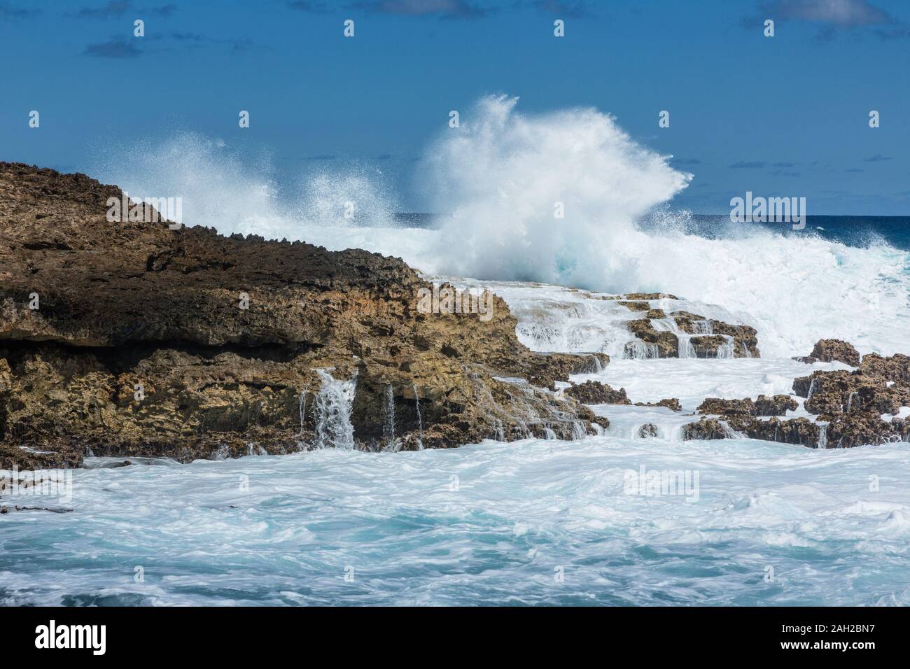 Wellen des Atlantik Absturz auf den Kalkstein Ufer der Halbinsel Pointe des Chateaux auf der Insel Grande-Terre, Guadeloupe. Stockfoto