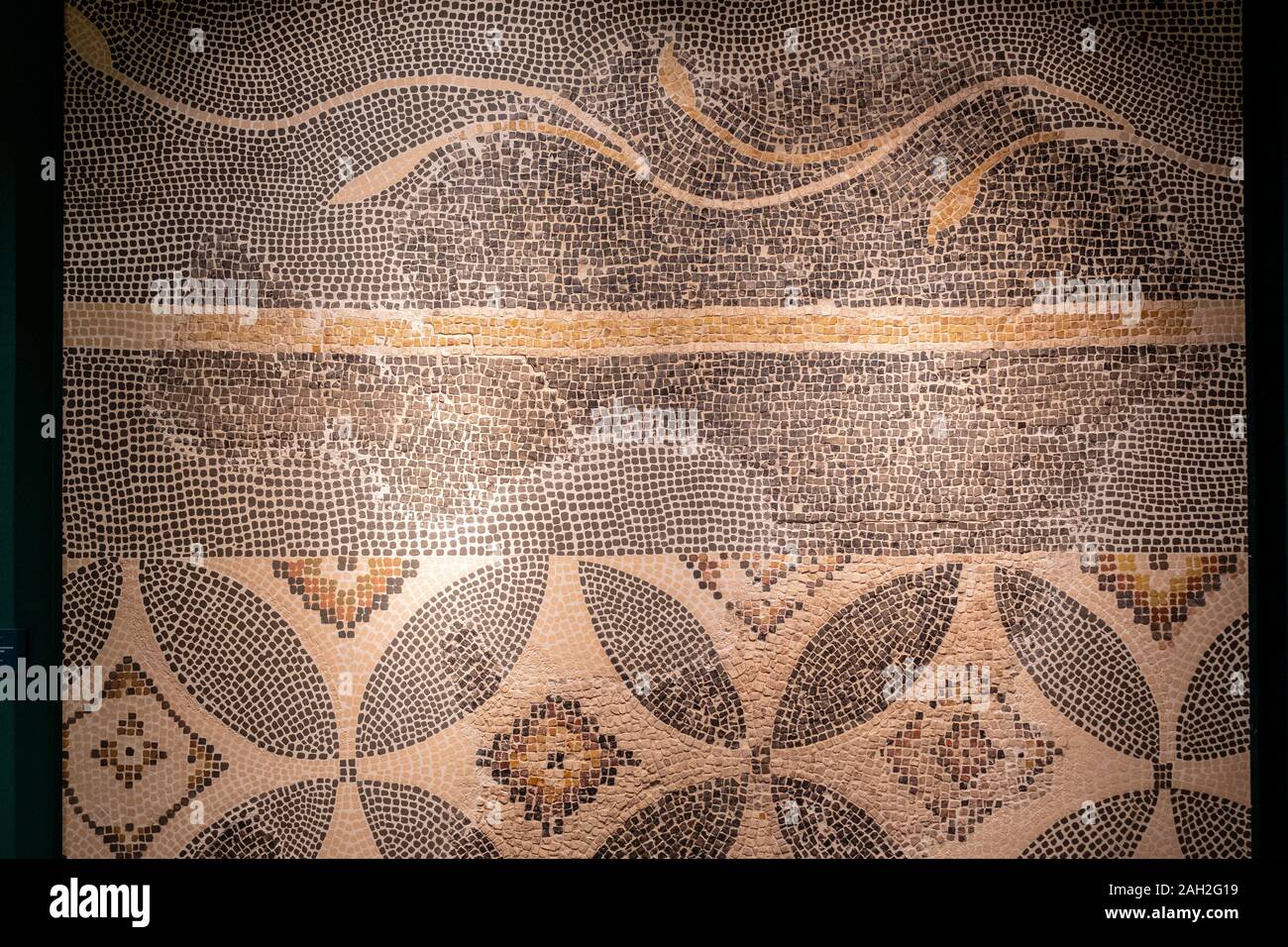 Mosaico con geometrica decoracion y Vegetal, Opus tessellatum, siglos III - IV d.C, calle Cabezo, Calahorra, Museo de la Romanización, Calahorra, La Rioja, Spanien, Europa. Stockfoto