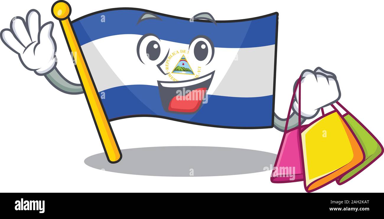 Happy Face Flagge nicaragua Blättern Maskottchen Stil winken und Holding Shopping Bag Stock Vektor