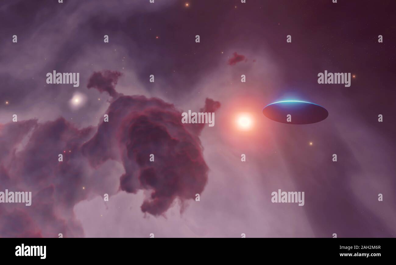 Digitale Illustration einer fliegenden Untertasse UFO Raumschiff im Weltall mit einem roten Nebel und Sterne. Stockfoto