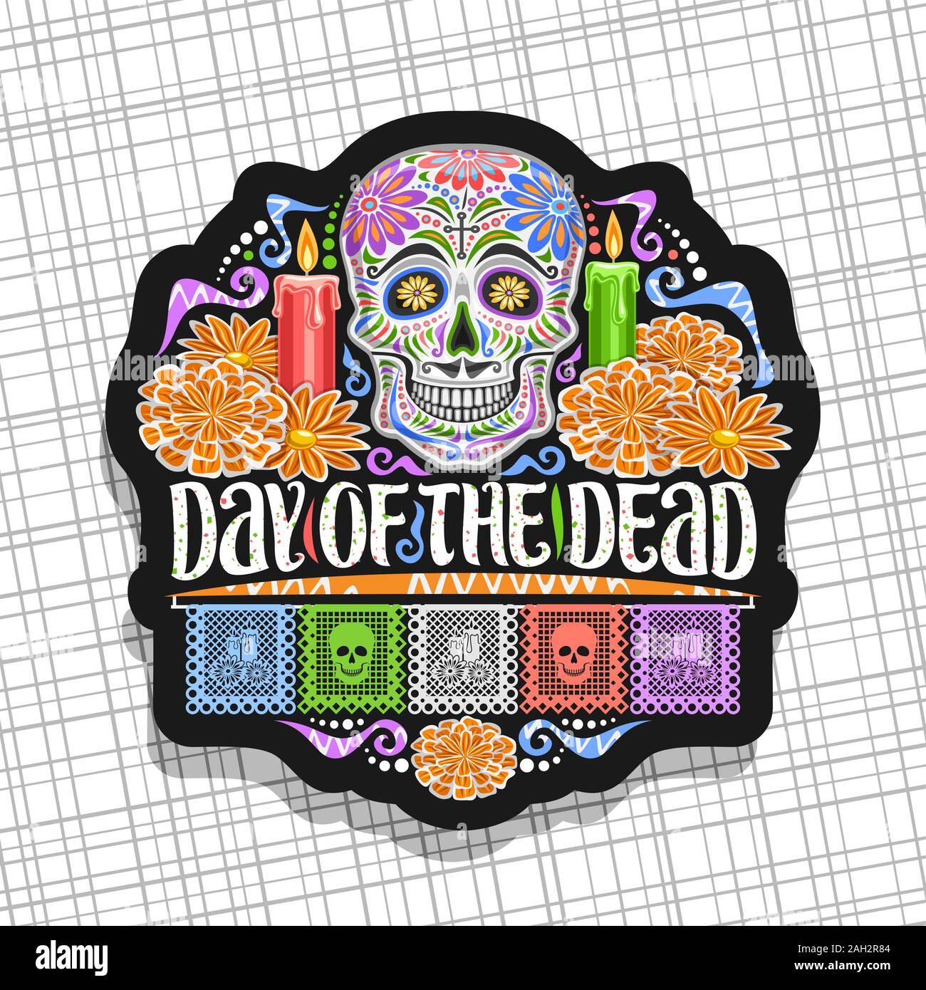 Vektor Logo zum Tag der Toten, schwarz dekorative Aufkleber mit Abbildung: Weiße gruselige Schädel, brennende Kerzen, orange Blumen, bunten Gruß fl Stock Vektor