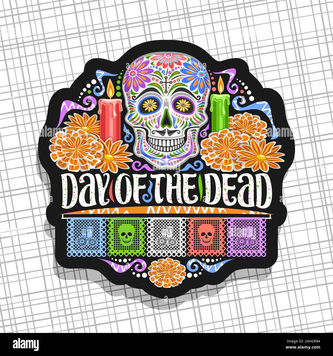 Vektor Logo zum Tag der Toten, schwarz dekorative Aufkleber mit Abbildung: Weiße gruselige Schädel, brennende Kerzen, orange Blumen, bunten Gruß fl Stock Vektor